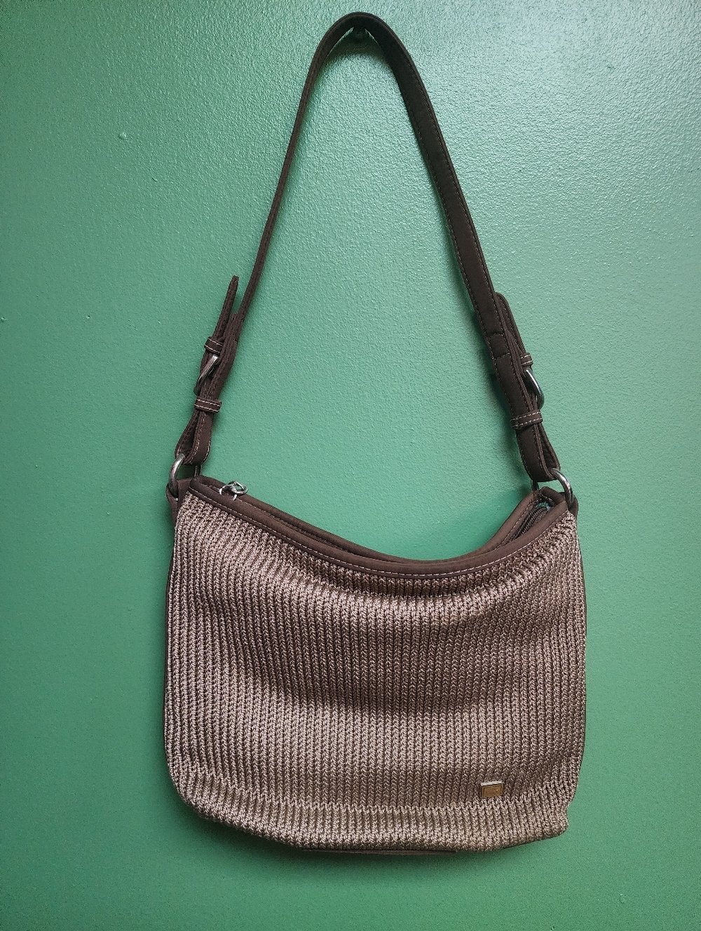 The Sak Crochet Shoulder Bag Brown Knit Leather Trim Boho Hobo Purse